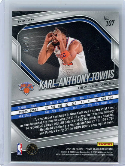 Karl-Anthony Towns 2025 Panini Prizm Orange Prizm #'d 11/49
