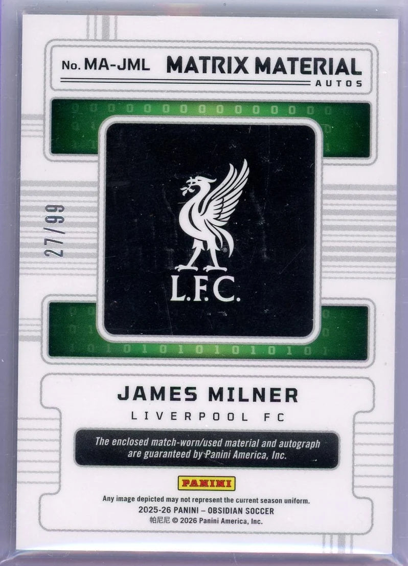 James Milner 2025-26 Panini Obsidian Matrix Material patch autograph #'d 27/99