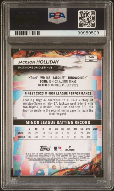 Jackson Holliday 2024 Topps Finest Sky Blue Refractor RC #'d 079/150 PSA 9