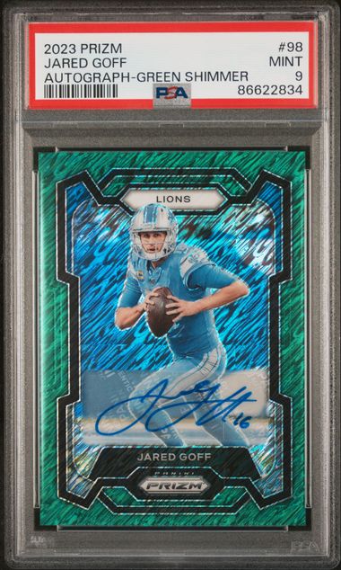 Jared Goff 2023 Panini Prizm autograph green shimmer #'d 2/5 PSA 9