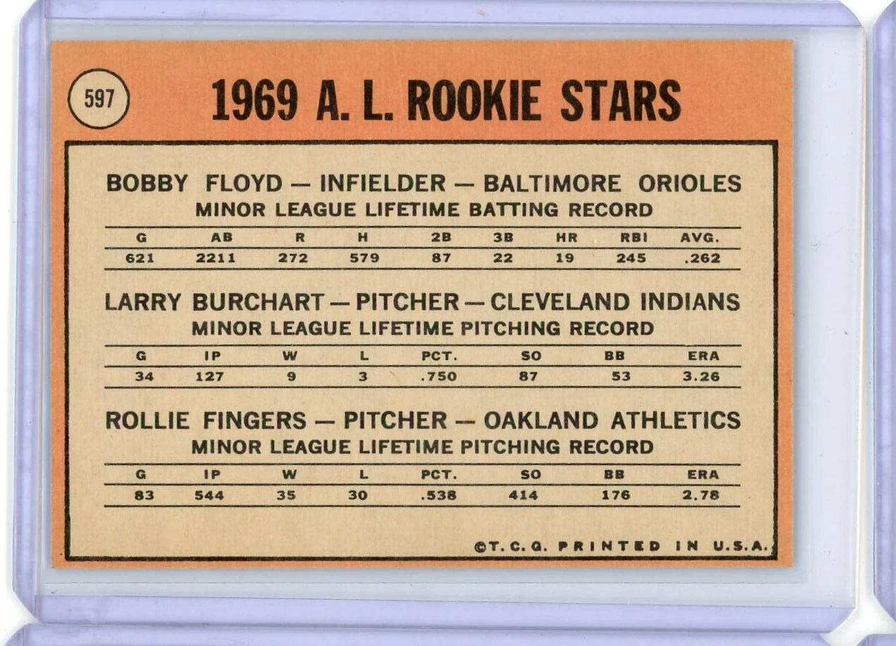 Rollie Fingers / Bob Floyd / Larry Burchart 1969 Topps Rookie Stars #597