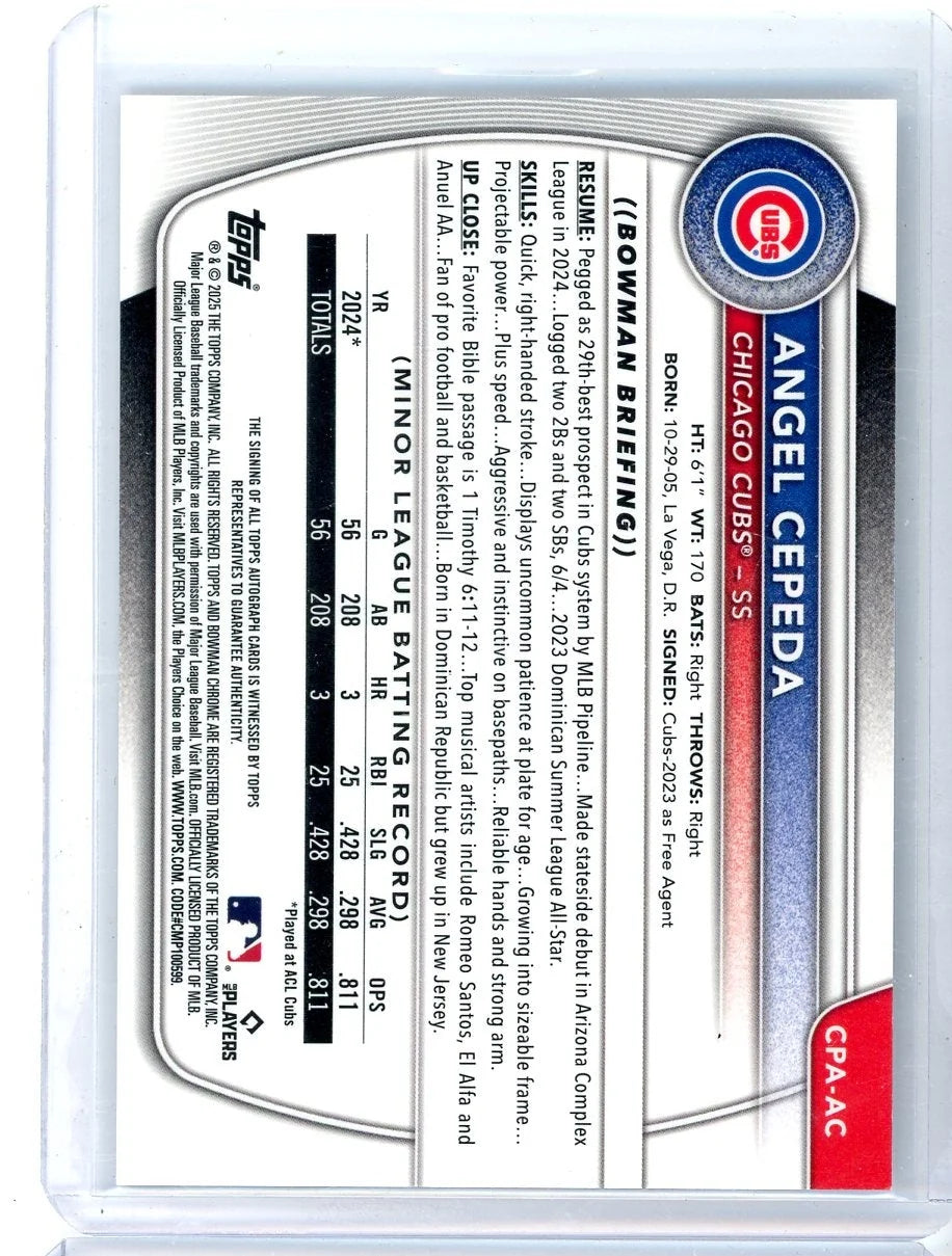 Angel Cepeda 2025 Bowman Chrome autograph speckle ref. #'d 059/299