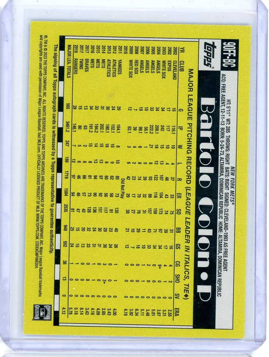 Bartolo Colon 2023 Topps Archives Fan Favorites Auto