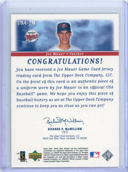 Joe Mauer 2002 Upper Deck Sweet Spot Team USA Jersey Relic