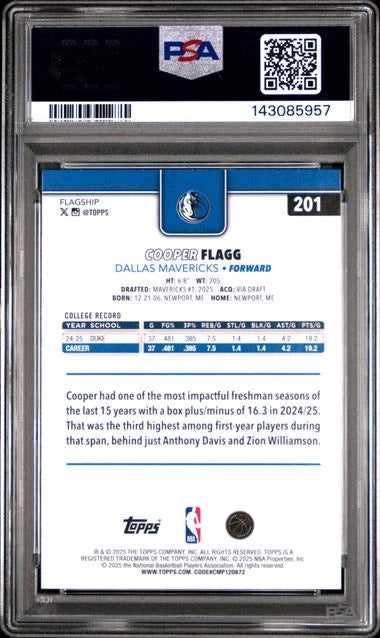 Cooper Flagg 2025 Topps Basketball Rookie Card #201 PSA 10