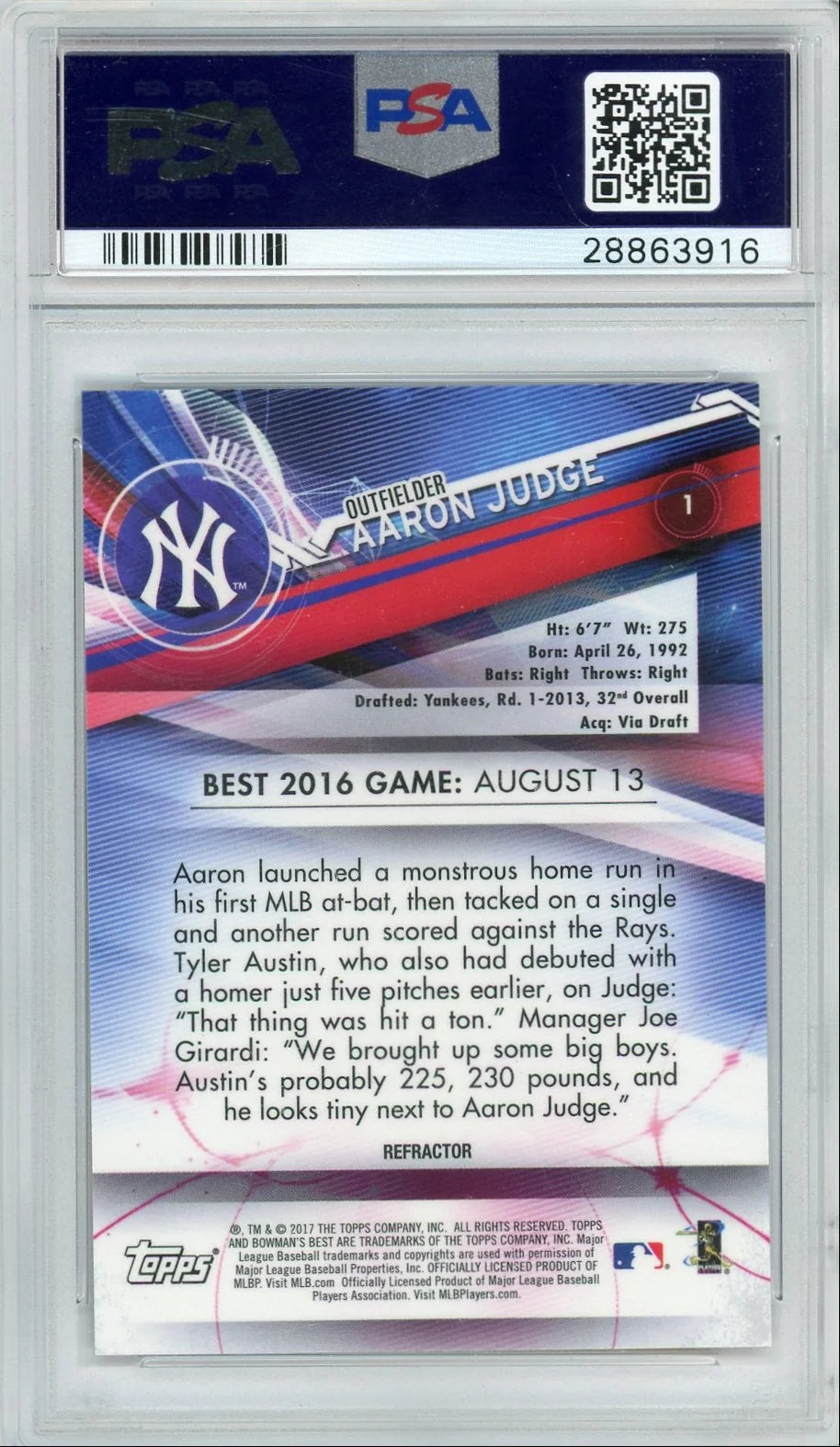 Aaron Judge 2017 Bowman's Best Purple Refractor RC PSA 10 #'d 152/250