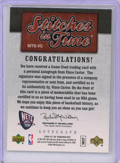 Vince Carter 2006-07 Upper Deck Chronology Stitches in Time autograph relic #'d 14/25