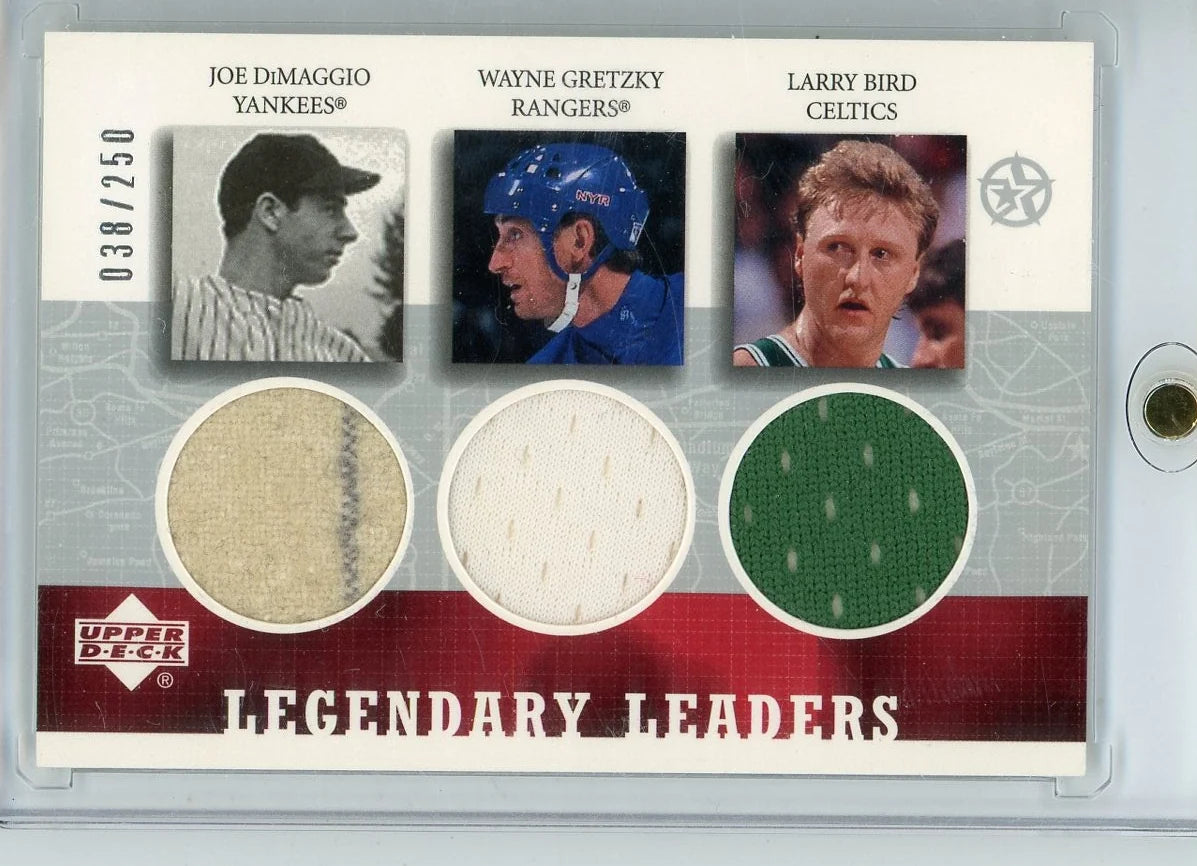 Joe DiMaggio Wayne Gretzky Larry Bird 2003 Upper Deck Legendary Leaders triple relic #'d 038/250
