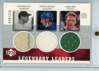 Joe DiMaggio Wayne Gretzky Larry Bird 2003 Upper Deck Legendary Leaders triple relic #'d 038/250