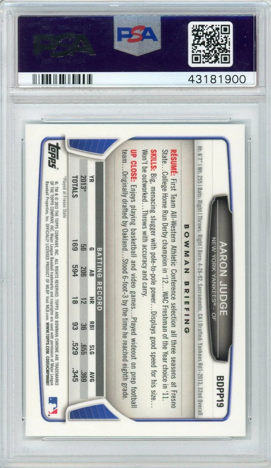 Aaron Judge 2013 Bowman Chrome #BDPP19 PSA 10