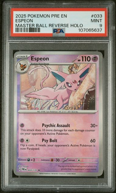 Espeon 2025 Pokemon Prismatic Evolutions Master Ball reverse holo #033/131 PSA 9