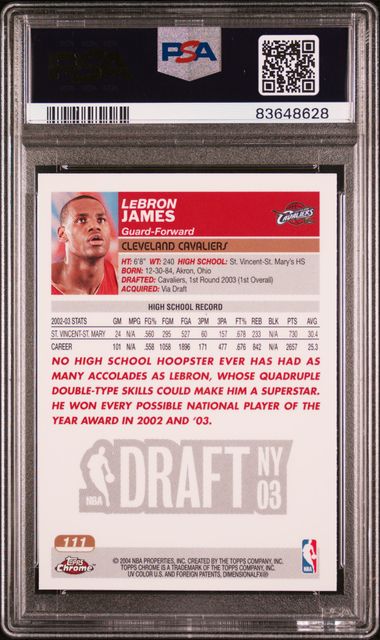 LeBron James 2003 Topps Chrome rookie card PSA 8