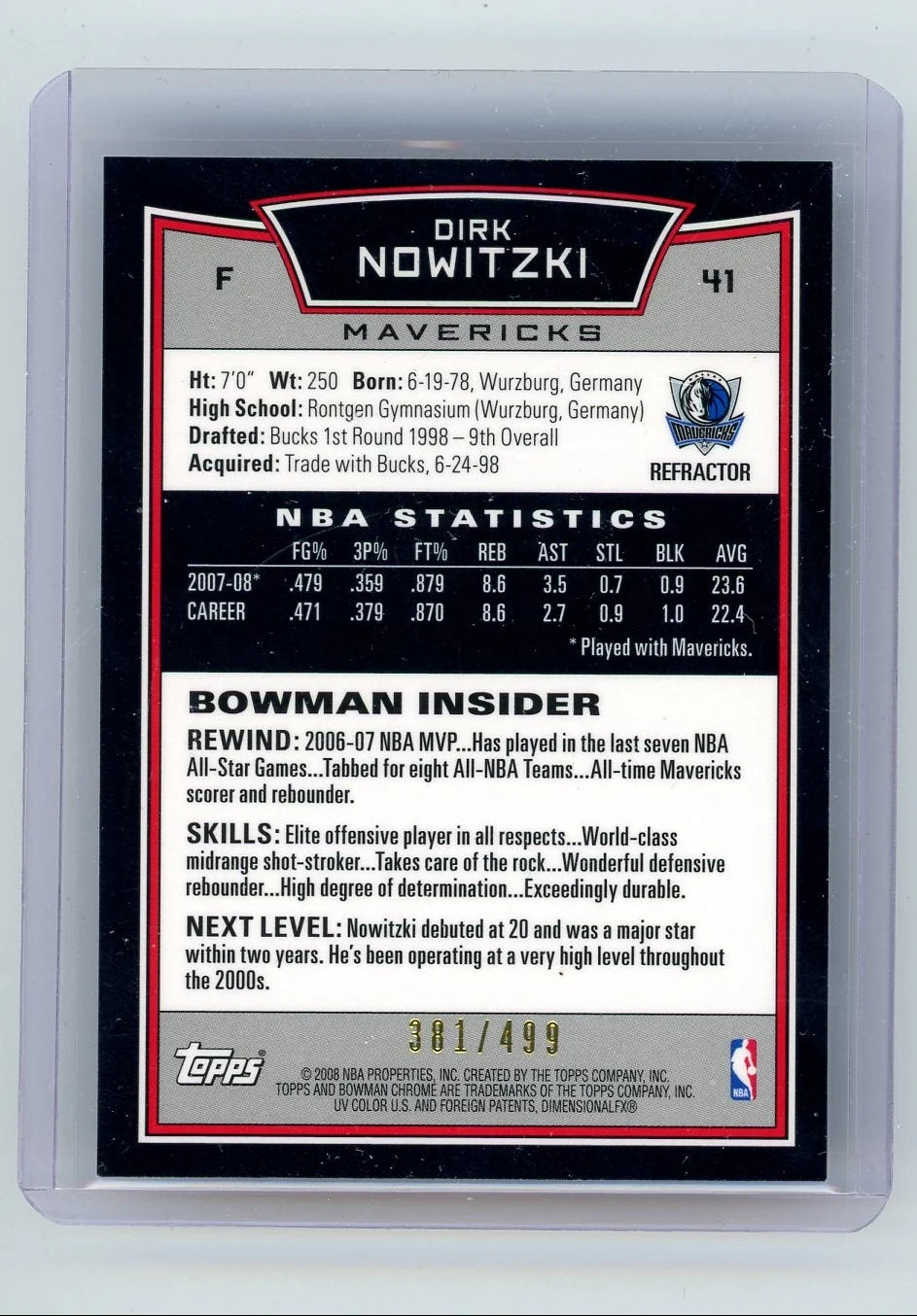 Dirk Nowitzki 2008 Bowman Chrome Refractor #'d 381/499