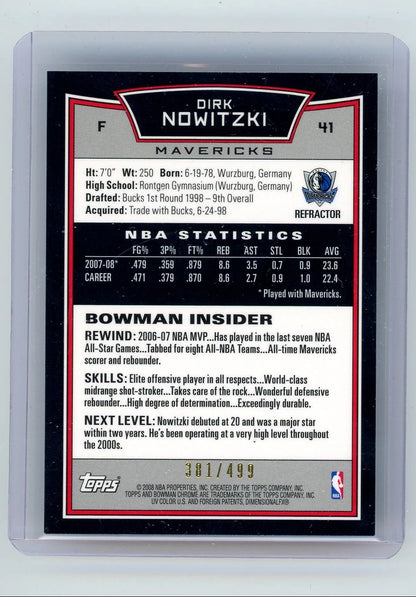 Dirk Nowitzki 2008 Bowman Chrome Refractor #'d 381/499