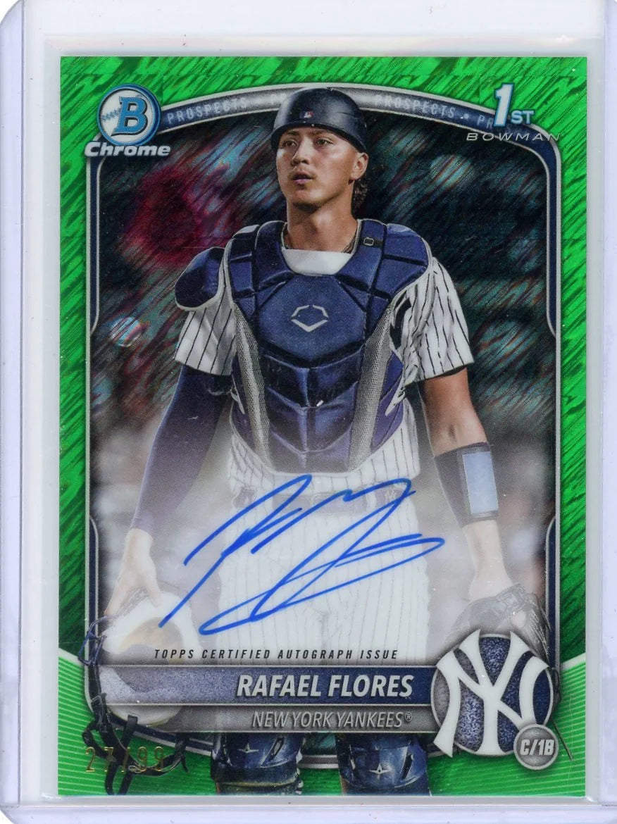 Rafael Flores 2025 Bowman Chrome Prospects 1st Bowman Auto Green Shimmer Refractor #'d 27/99
