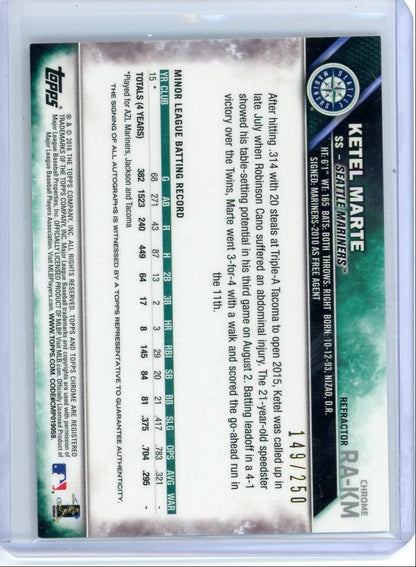 Ketel Marte 2016 Topps Chrome Rookie Autograph Purple Refractor #'d 149/250