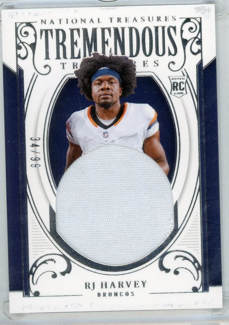 RJ Harvey 2025 Panini National Treasures Tremendous Treasures Rookie Patch #'d 34/99
