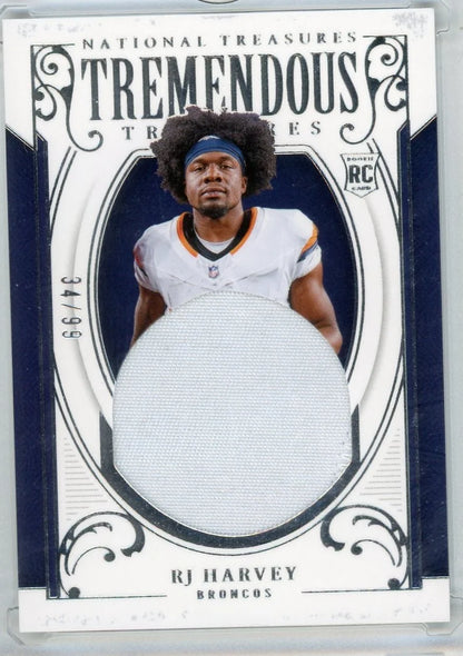 RJ Harvey 2025 Panini National Treasures Tremendous Treasures Rookie Patch #'d 34/99