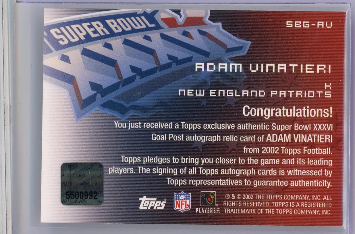 Adam Vinatieri 2002 Topps Super Bowl XXVI Goal Post Relic Auto