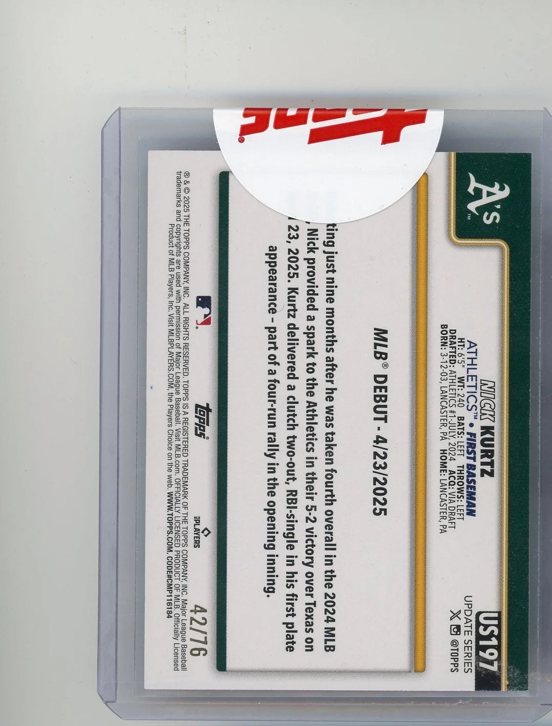 Nick Kurtz 2025 Topps Update Independence Day rookie card (Topps sealed) #'d 42/76