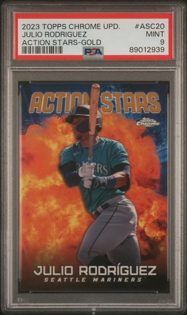 Julio Rodriguez 2023 Topps Chrome Update Action Stars Gold ref /50 PSA 9