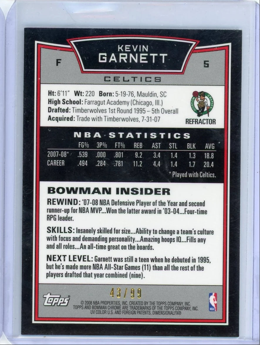 Kevin Garnett 2008 Bowman Chrome blue refractor #'d 43/99