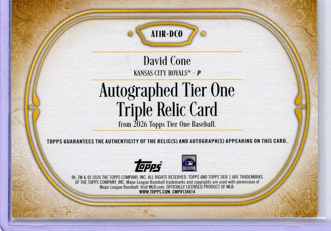 David Cone 2026 Topps Tier One Triple Relic Auto #AT1R-DCO #'d /49