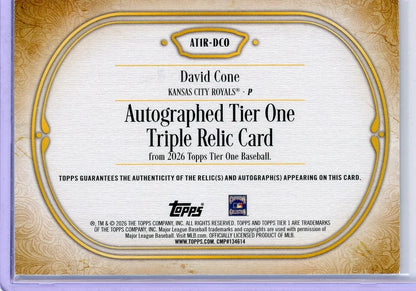 David Cone 2026 Topps Tier One Triple Relic Auto #AT1R-DCO #'d /49