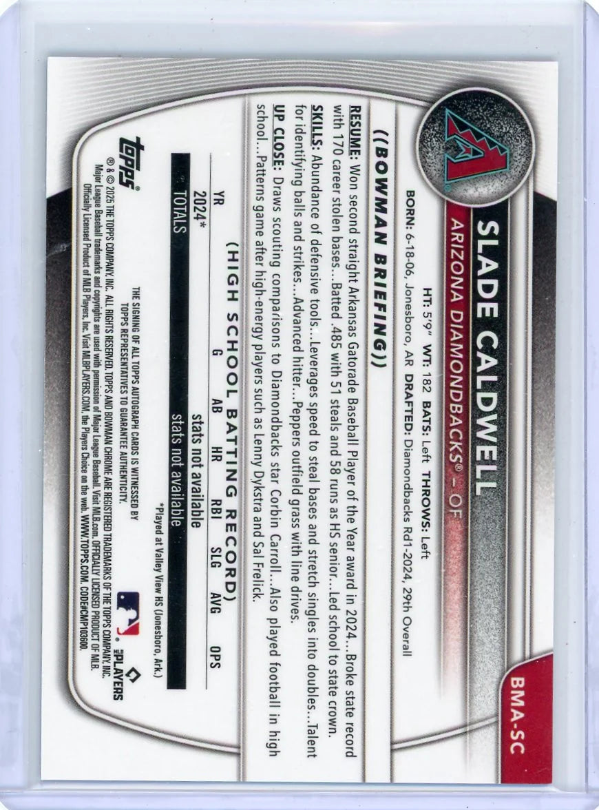 Slade Caldwell 2025 Bowman Chrome Prospects 1st Bowman Auto Blue Mojo Refractor #'d 080/150