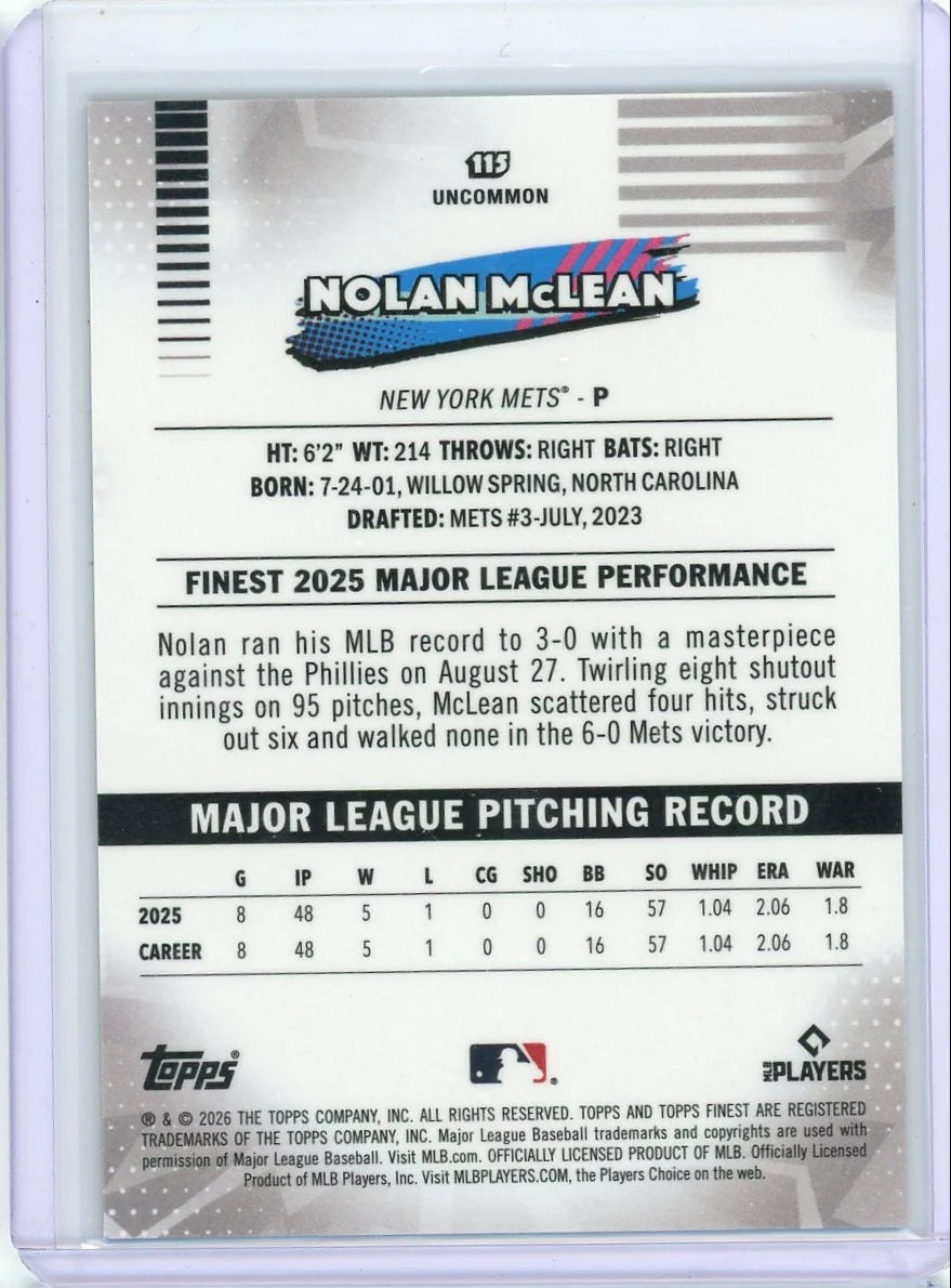 Nolan McLean 2026 Topps Finest Baseball Gold Geometric Rookie #'d 09/50