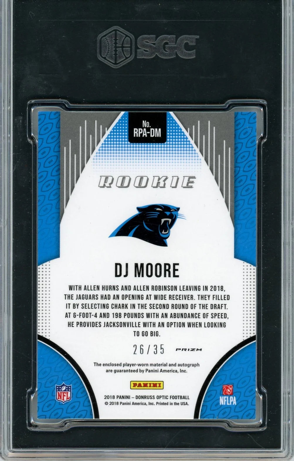 DJ Moore 2018 Panini Donruss Optic Rookie Patch Autograph Holo #26/35 SGC 9.5