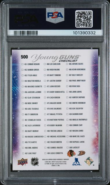 Connor Bedard/Leo Carlsson 2023 Upper Deck Series 2 Young Guns Checklist PSA 10