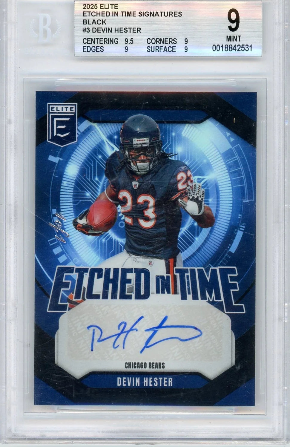 Devin Hester 2025 Panini Donruss Elite Etched in Time Signatures #'d 1 of 1 BGS 9
