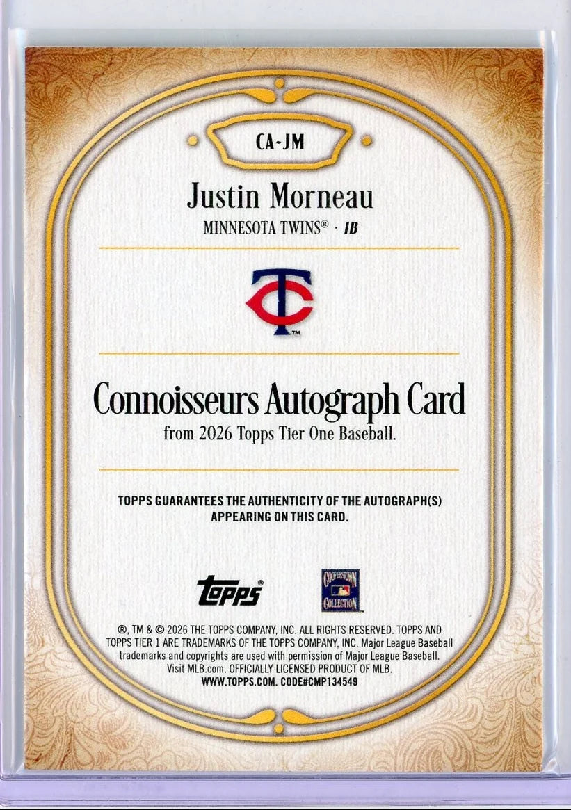 Justin Morneau 2026 Topps Tier One Connoisseurs Auto #CA-JM #'d /199