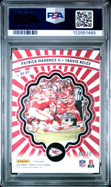 Patrick Mahomes II / Travis Kelce 2023 Donruss Optic Best Tuddys gold #’d 03/10 PSA 10