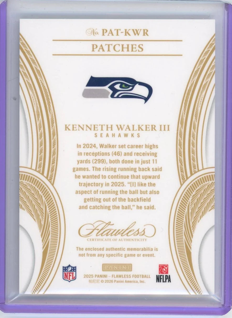 Kenneth Walker 2025 Panini Flawless Football Patches Ruby #'d 07/15