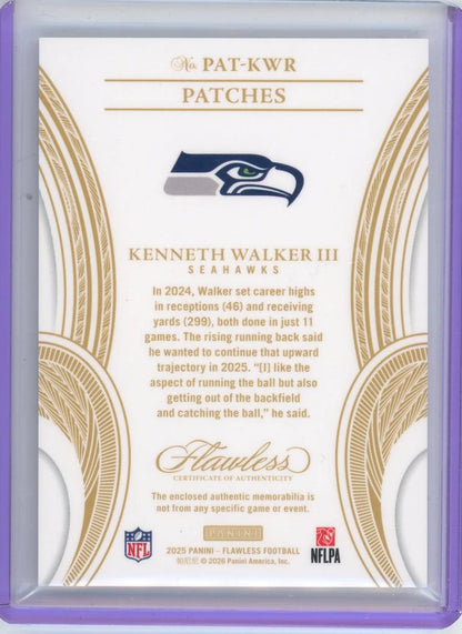 Kenneth Walker 2025 Panini Flawless Football Patches Ruby #'d 07/15