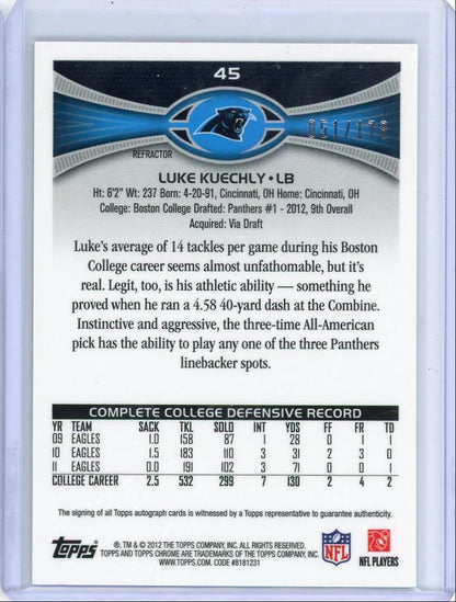 Luke Kuechly 2012 Topps Chrome autograph refractor rookie card #'d 051/178