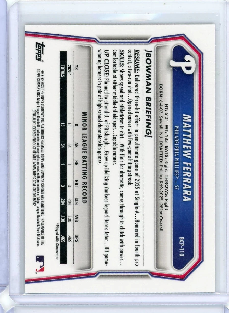 Mathew Ferrara 1st Bowman Chrome Gold Parallel #'d 18/50
