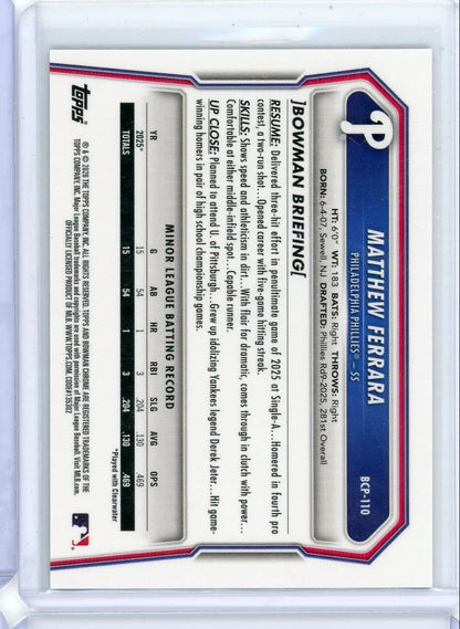 Mathew Ferrara 1st Bowman Chrome Gold Parallel #'d 18/50