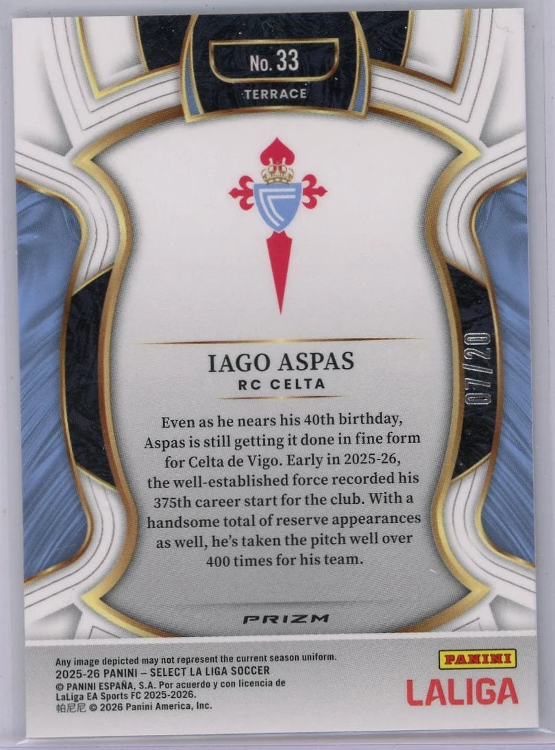 Iago Aspas 2025-26 Panini Select white prizm #'d 07/20