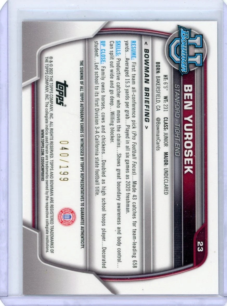 Ben Yurosek 2022 1st Bowman Chrome University autograph lava ref. #'d 040/199