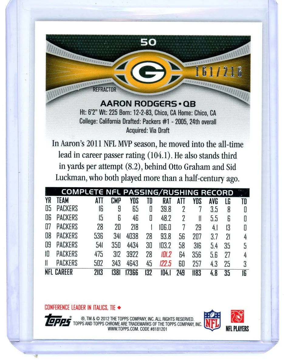 Aaron Rodgers 2012 Topps Chrome #50 prism refractor #'d 161/216