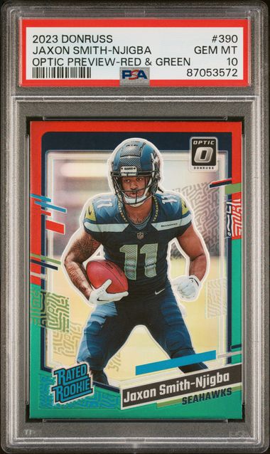 Jaxon Smith-Njigba 2023 Panini Donruss Optic Preview Red/Green holo rc PSA 10