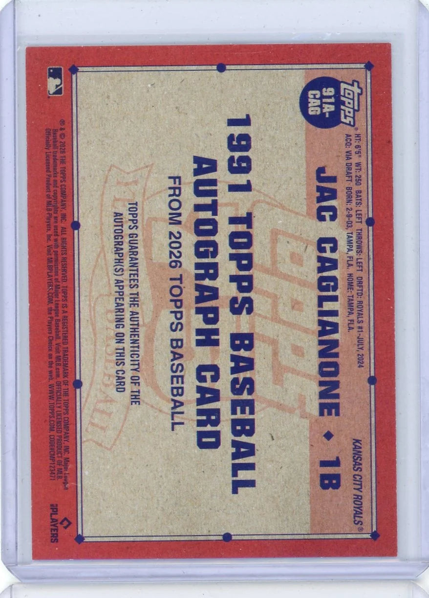 Jac Caglianone 2026 Topps Series 1 1991 autograph rookie card