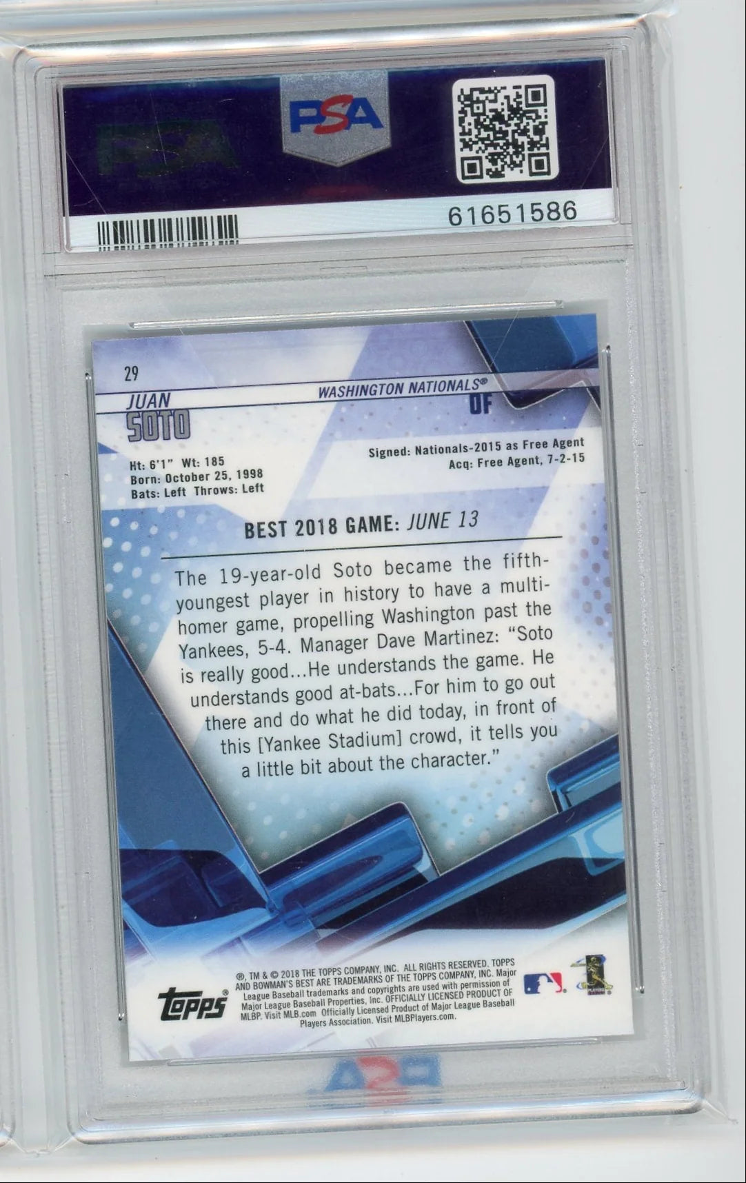 Juan Soto 2018 Bowman's Best rookie card PSA 10