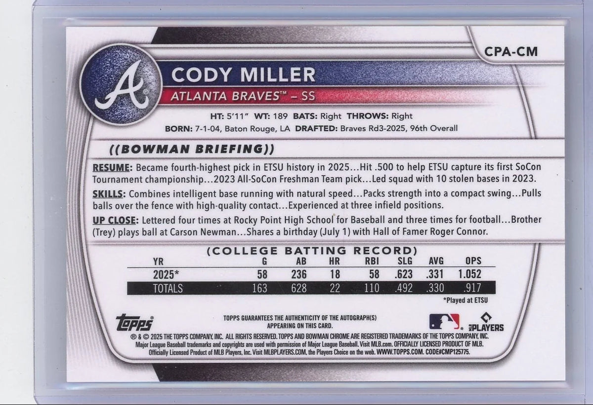 Cody Miller 2025 1st Bowman Chrome autograph orange refractor #'d 23/25