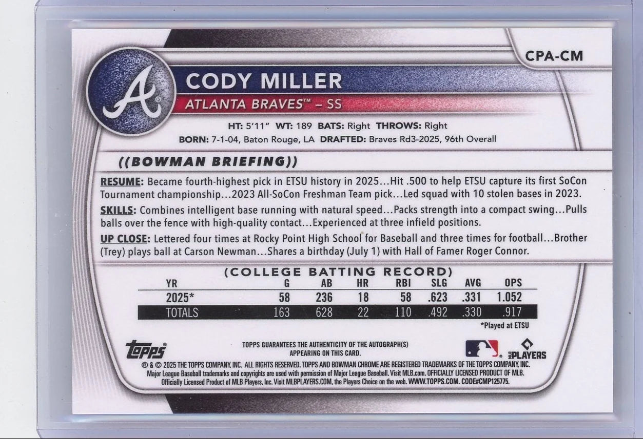 Cody Miller 2025 1st Bowman Chrome autograph orange refractor #'d 23/25
