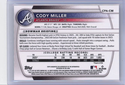 Cody Miller 2025 1st Bowman Chrome autograph orange refractor #'d 23/25