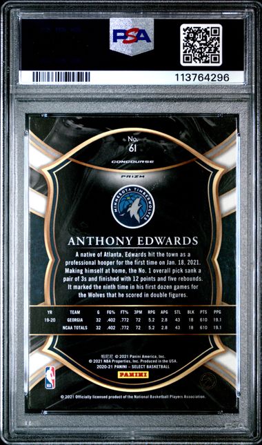 Anthony Edwards 2020 Panini Select Gr/Wh/Prpl prizm rookie card PSA 10